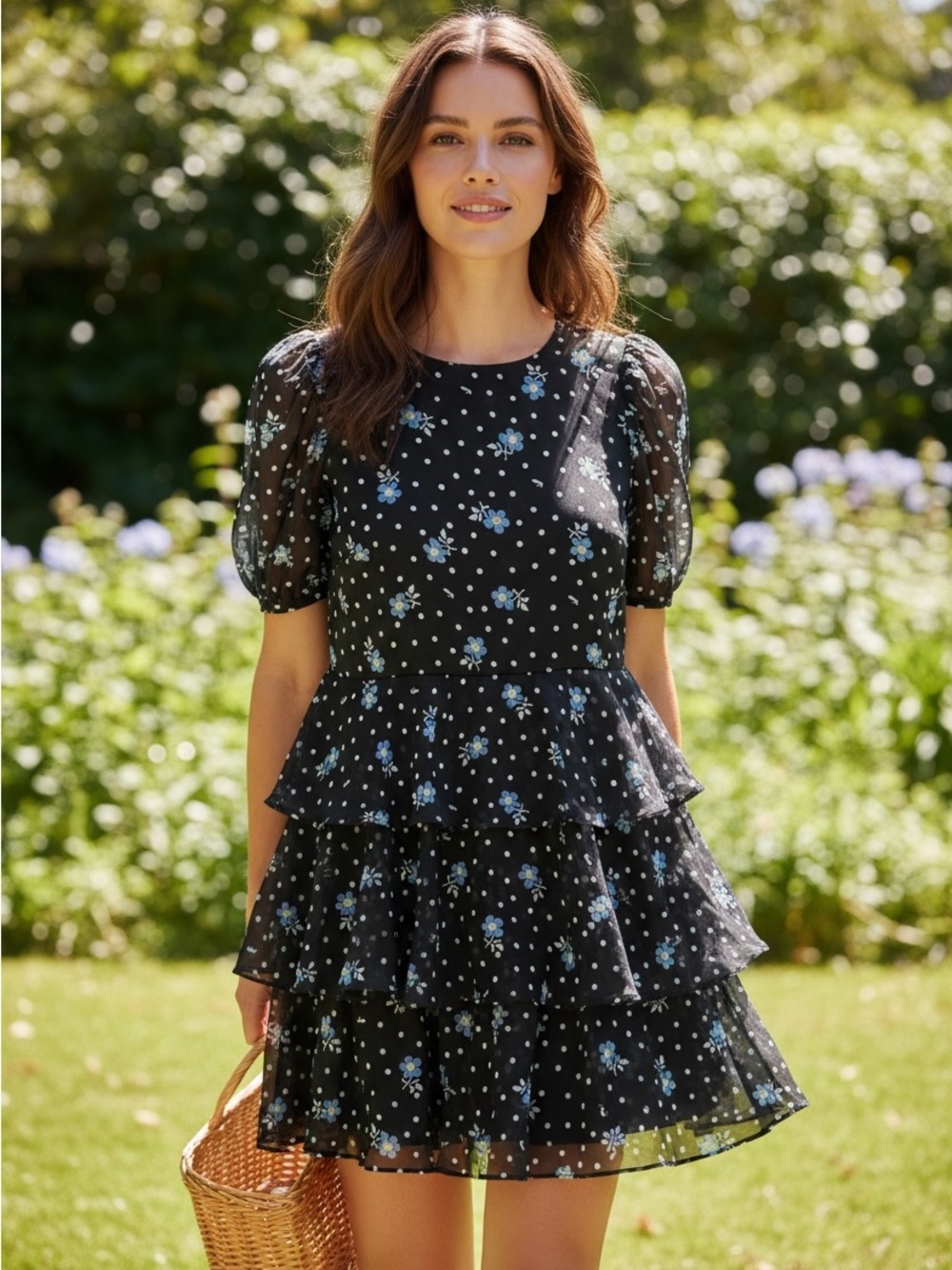Sandy Liang Black Mini Dress with Blue Floral and White Dot Print